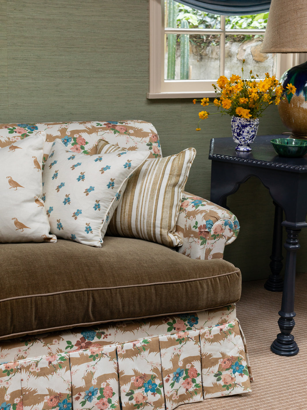 dorachintz linen fabric by nathan turner shell blue