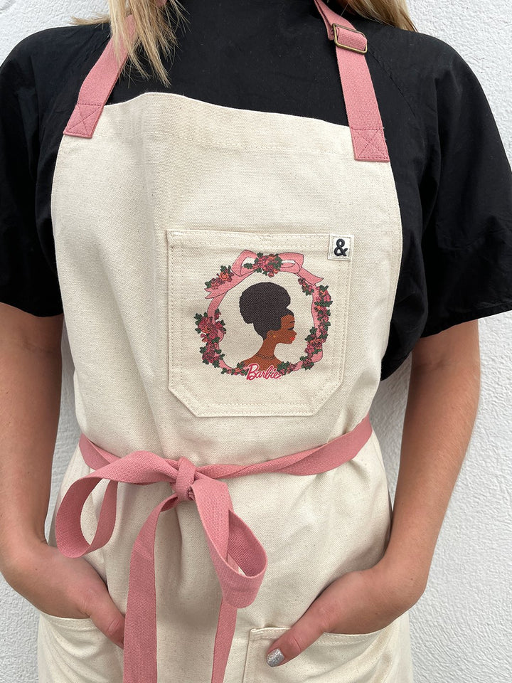 barbie x wallshoppe apron by hedley bennet pink rosette