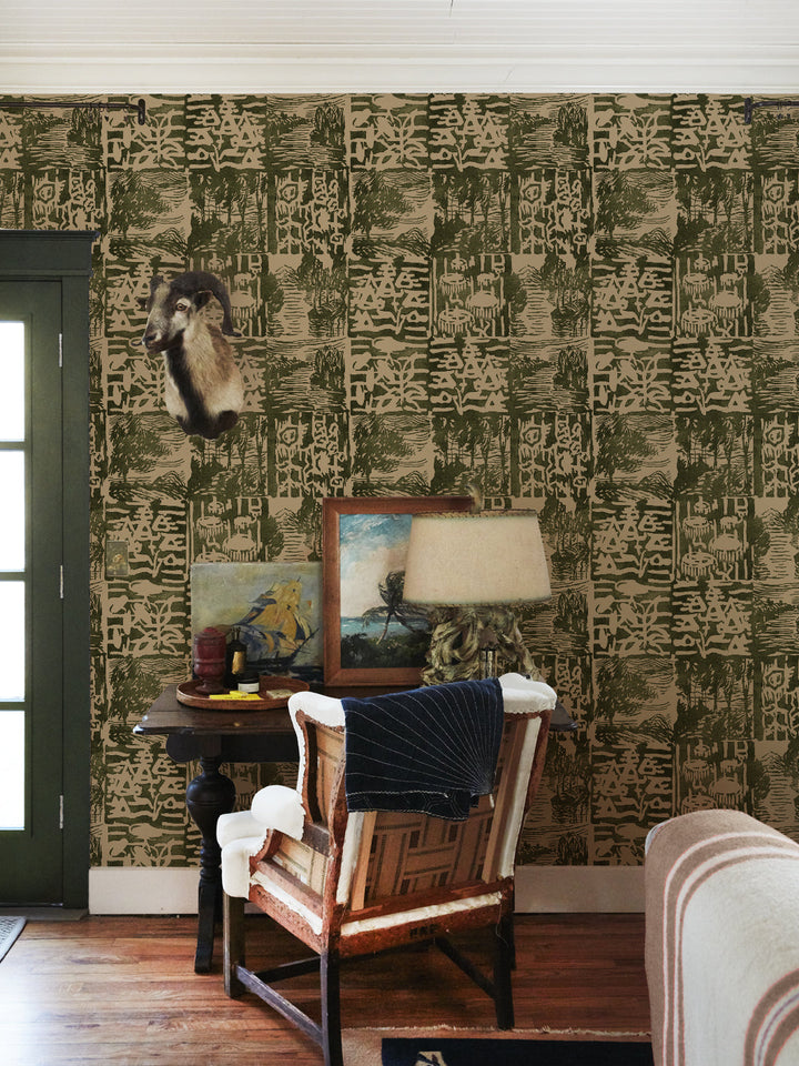 checkerboard block print kraft wallpaper chris benz pine