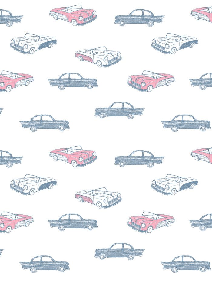 'Classic Cars' Wallpaper by Tea Collection - Blue + Pink