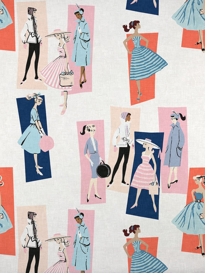 fabric by the yard mod shapes navy pink on flax linen