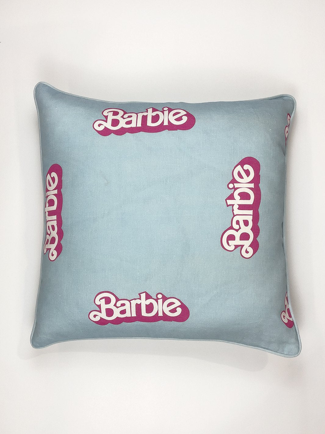 80s barbie logo throw pillow baby blue