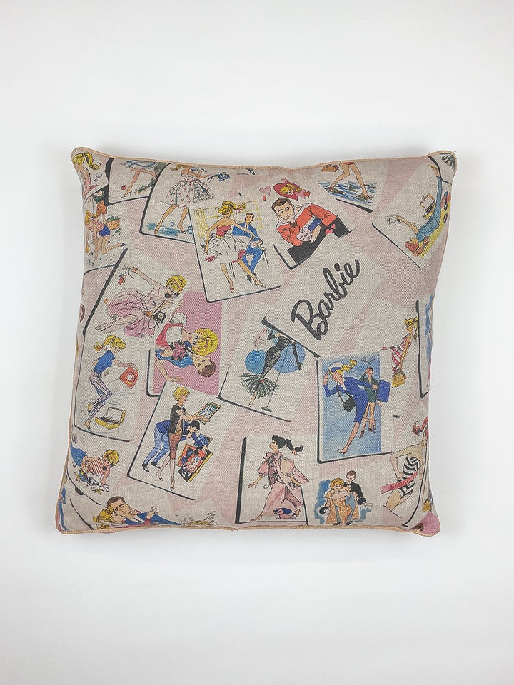 barbie trading cards throw pillow pink on flax linen