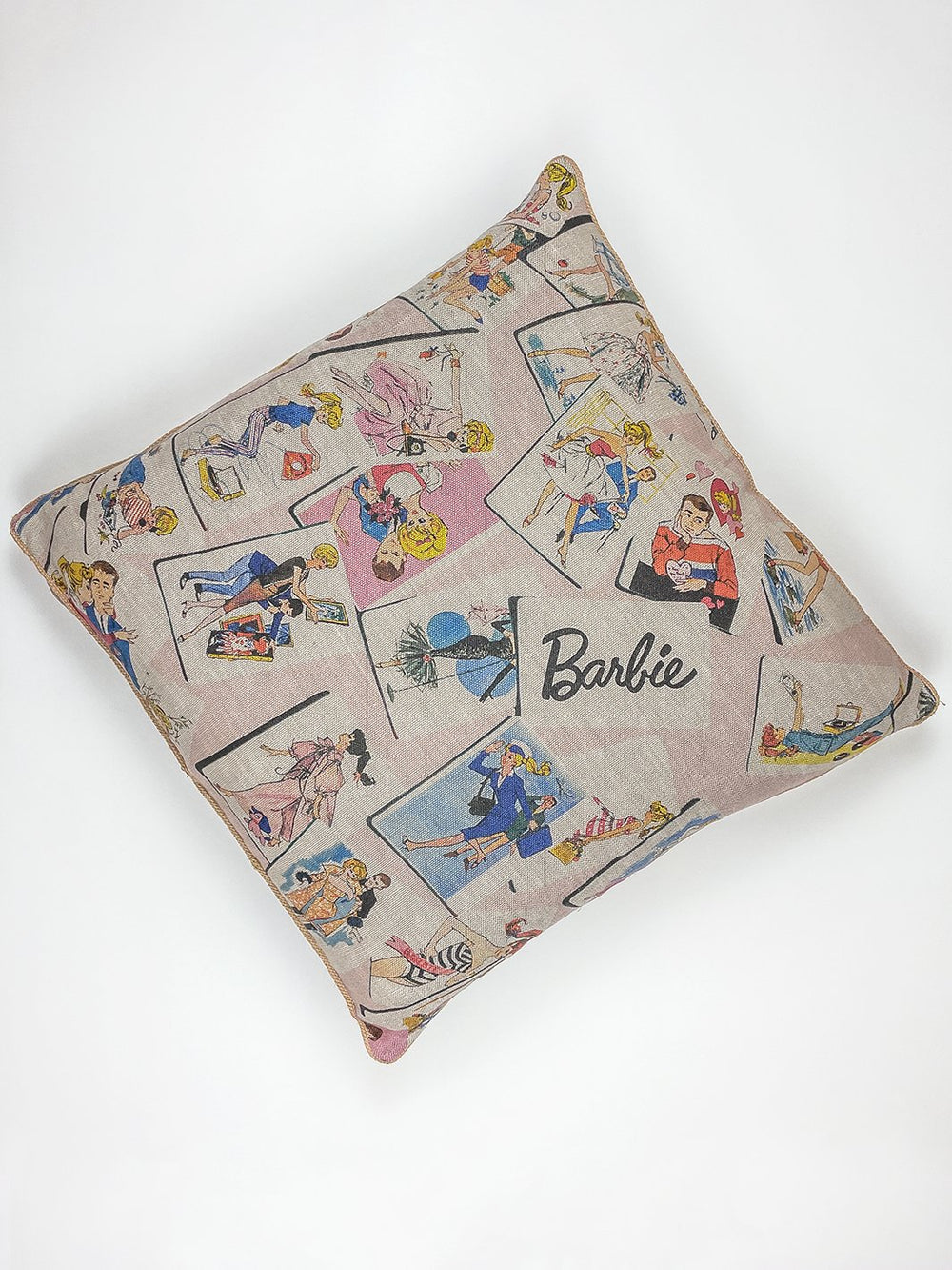 barbie trading cards throw pillow pink on flax linen