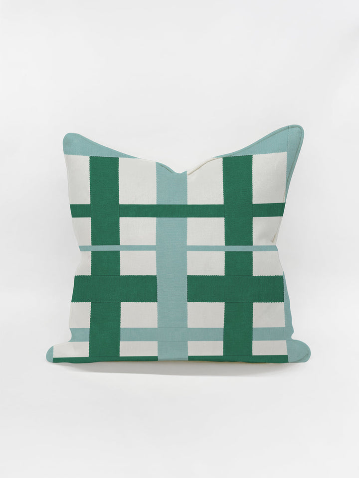 crosstown plaid pillow by sarah jessica parker sky emerald on linen