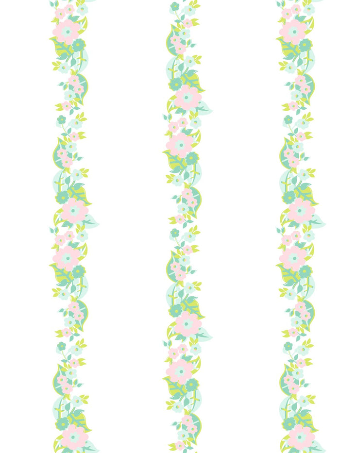 'Floral Stripe' Wallpaper by Barbie™ - Green Pink