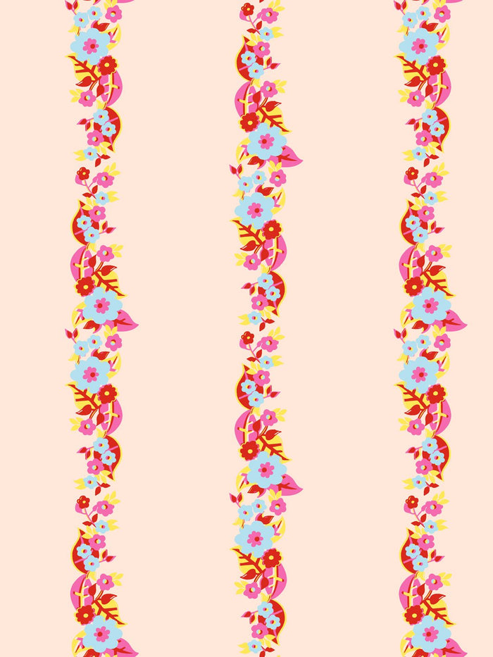 'Floral Stripe' Wallpaper by Barbie™ - Peach Red