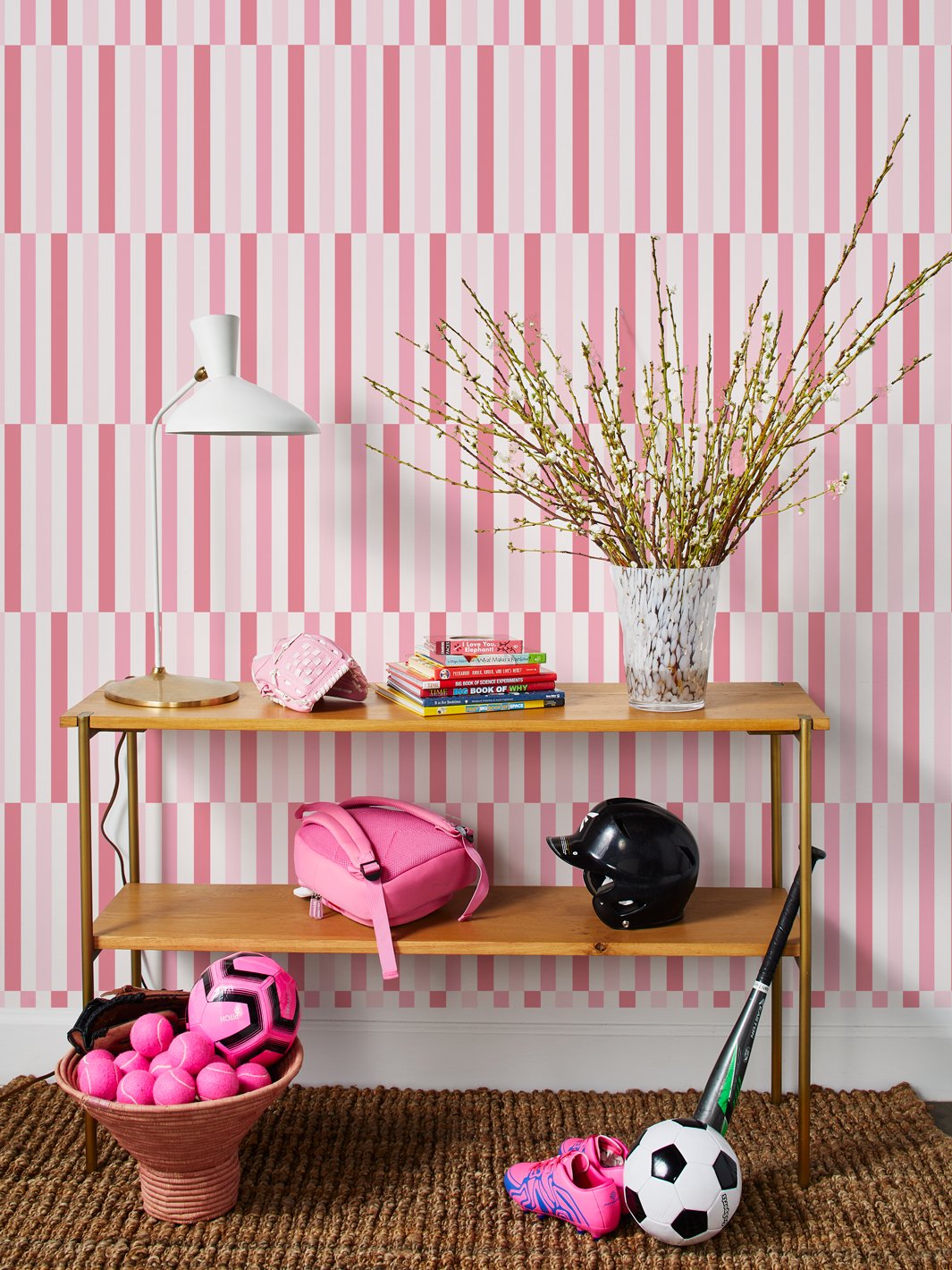 pink striped wallpaper room