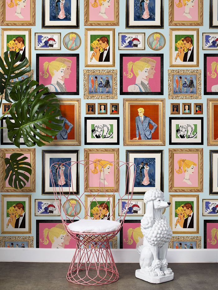 'Gallery Walls Illustrated' Wallpaper by Barbie™ - Pale Blue