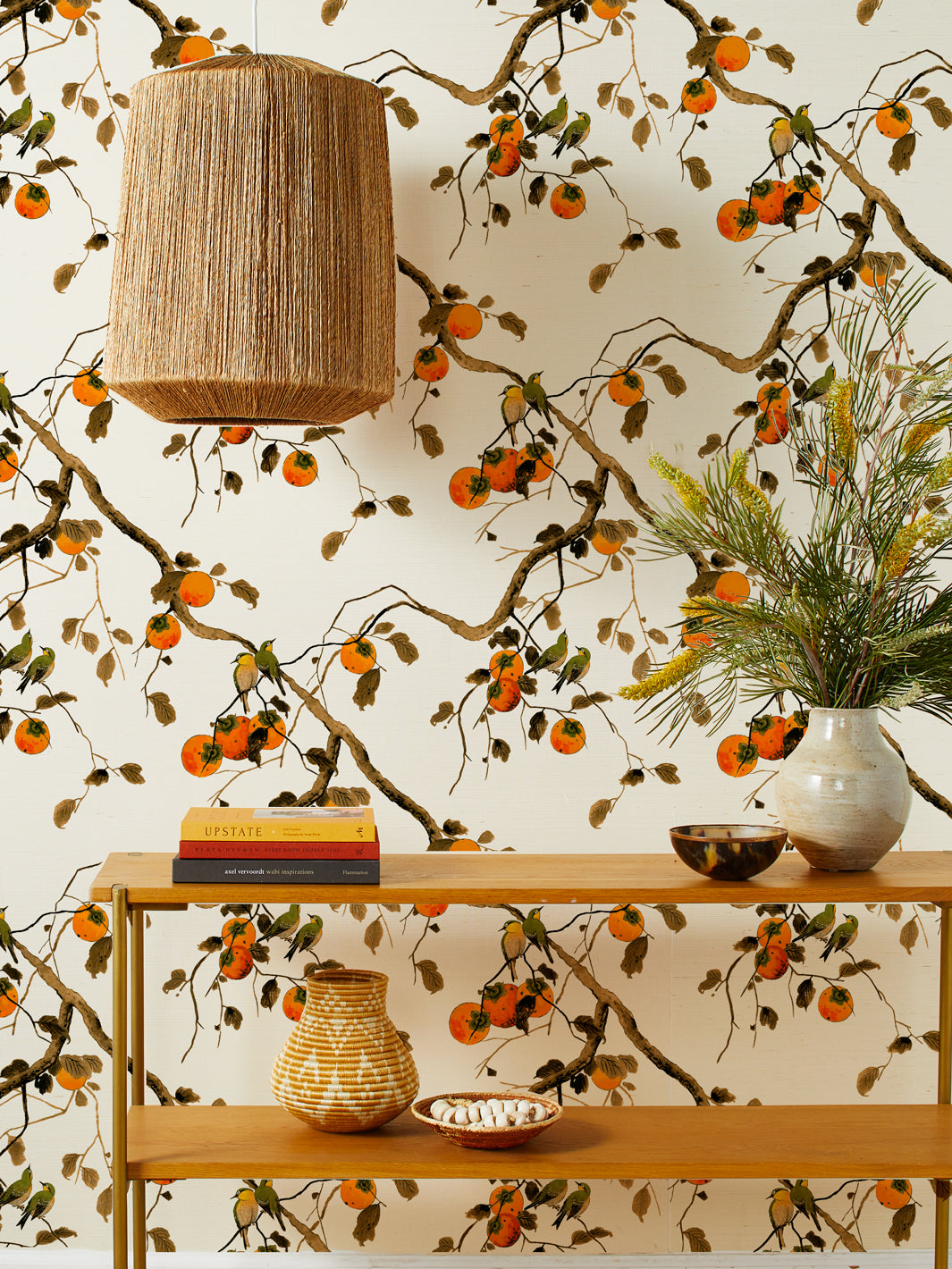 'Persimmon Birds' Grasscloth' Wallpaper by Nathan Turner - Persimmon