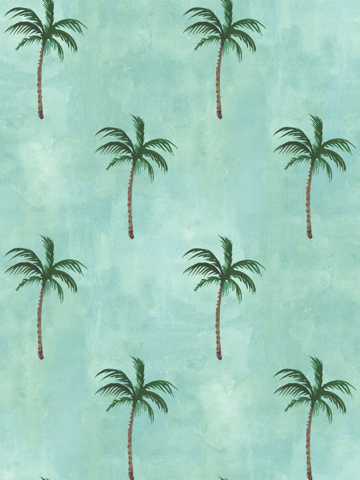 Palm tree allover wallpaper in aqua blue with repeating palm silhouettes