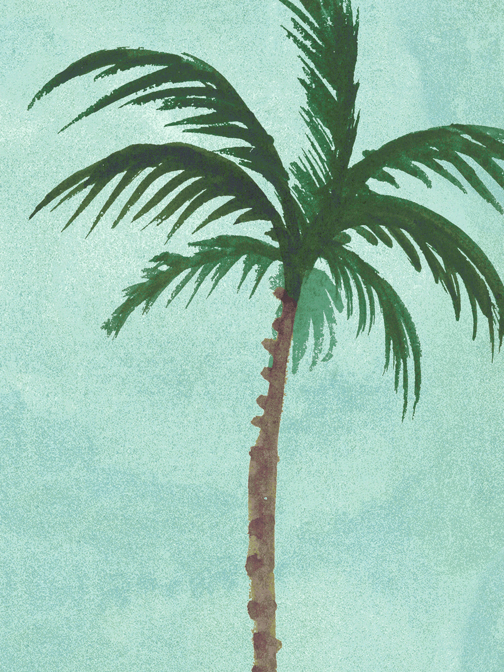 Aqua blue wallpaper with large palm tree print and detailed fronds