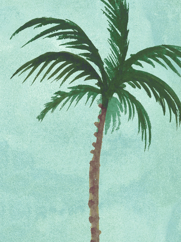 Aqua blue wallpaper with large palm tree print and detailed fronds