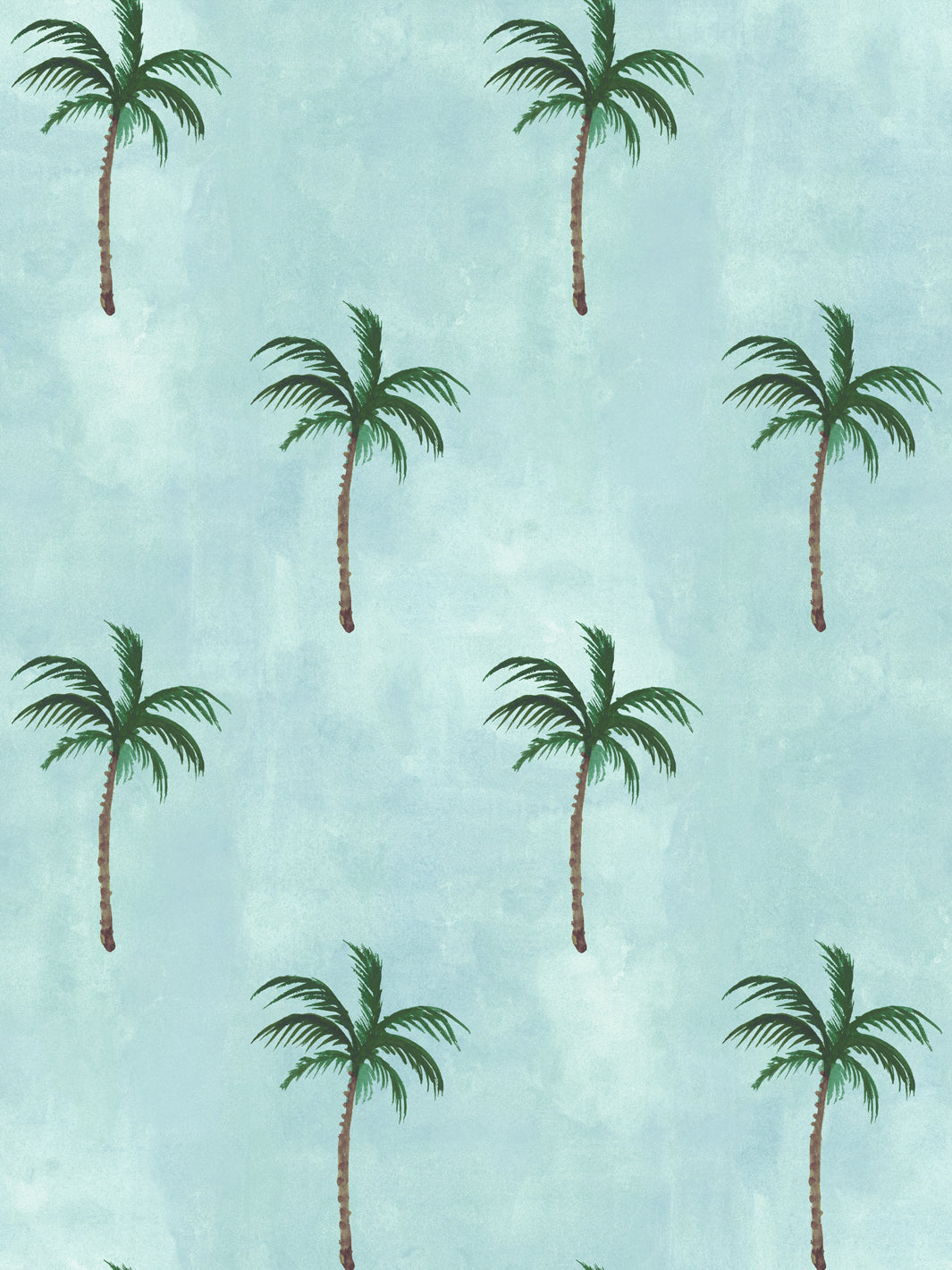 Mary Maguire allover palm wallpaper with green trees on light blue background