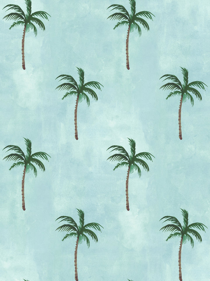 Mary Maguire allover palm wallpaper with green trees on light blue background