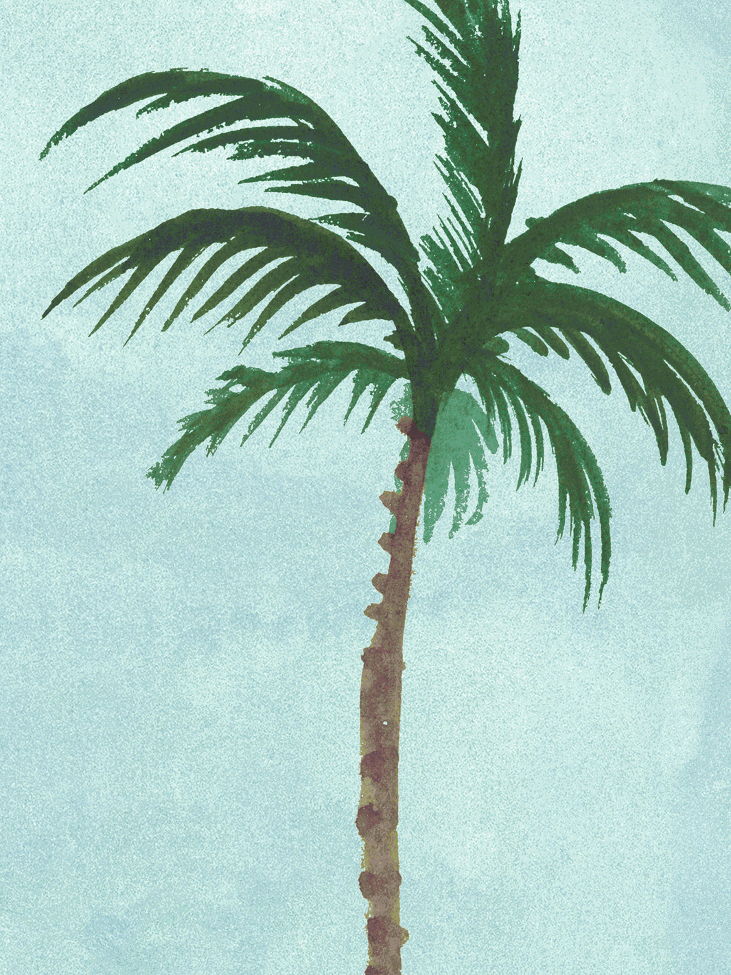 Close-up allover palm wallpaper: green leaves and trunk on light blue