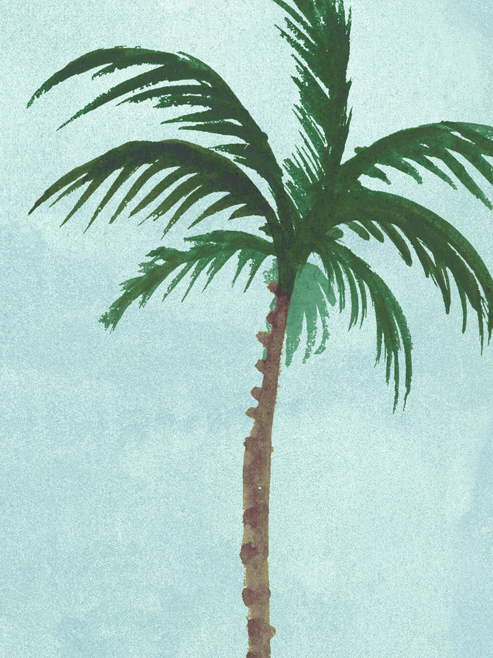 Close-up allover palm wallpaper: green leaves and trunk on light blue