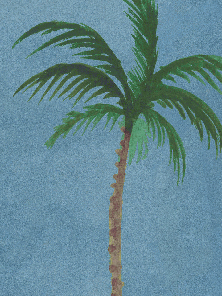 Cadet blue wallpaper with close-up palm tree motif