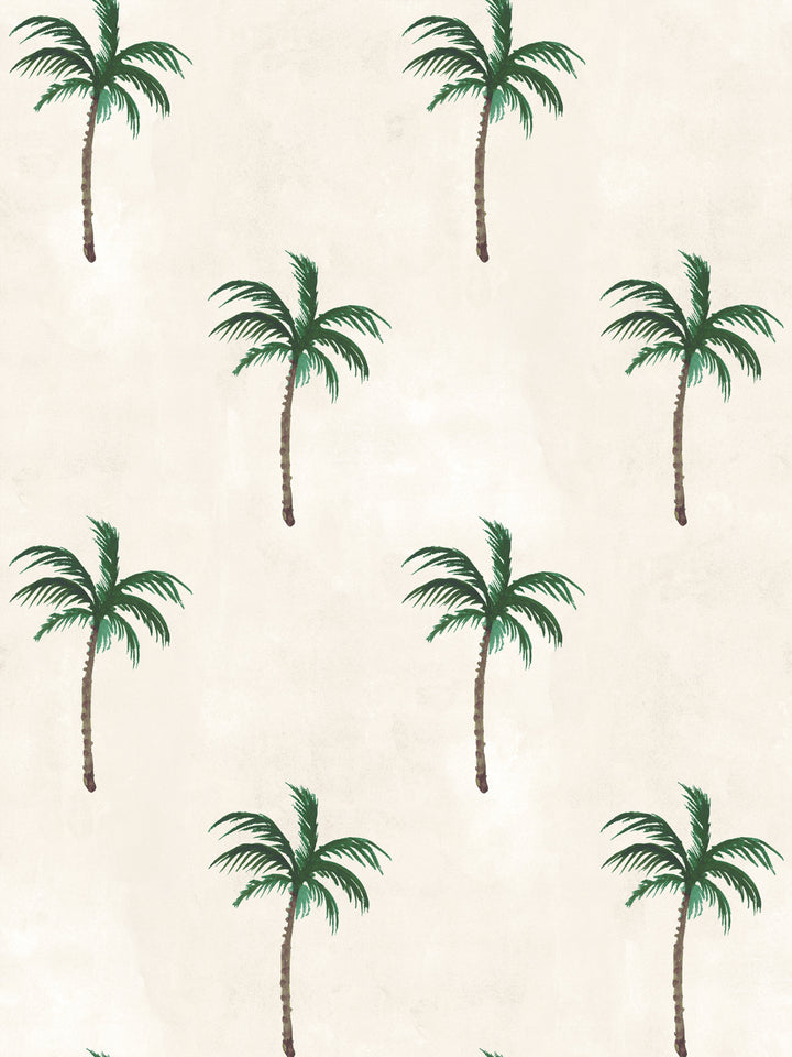 Ivory palm tree allover wallpaper pattern with repeating green tree motifs