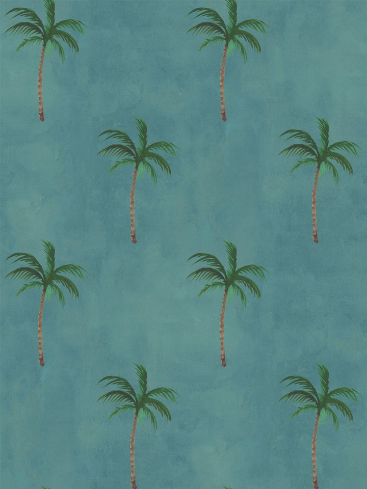 Ocean-blue wallpaper with repeating green palm trees and red-brown trunks