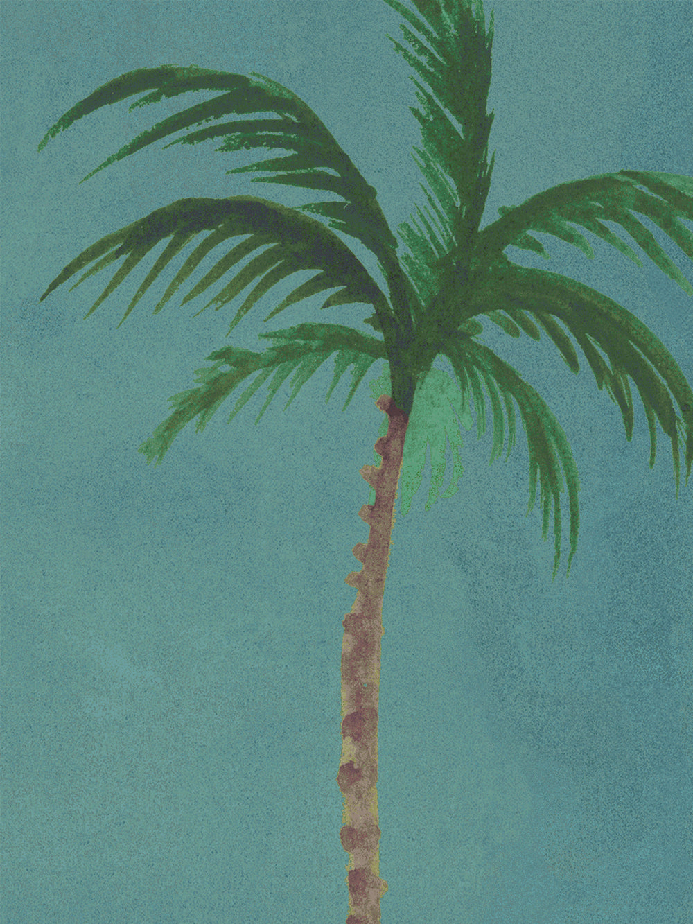 Close-up of ocean-blue wallpaper pattern with detailed green palm fronds