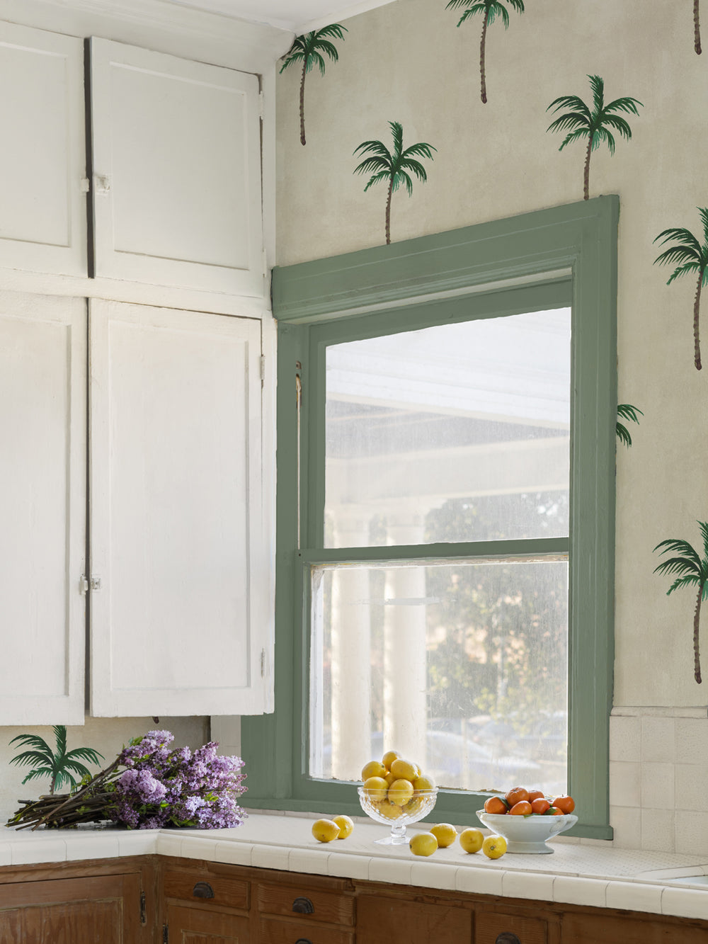 Palm leaf wallpaper pattern on wall around a window opening