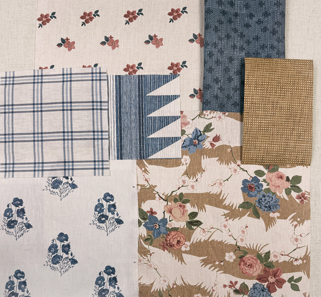 'Anna Floral' Linen Fabric by Nathan Turner - Pink Blue