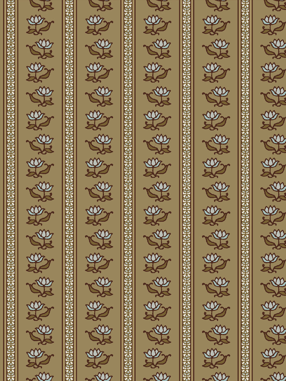 Azahara wallpaper in Aged Olive: pale blue lotus stripes with dark brown leaves on a khaki-tan ground