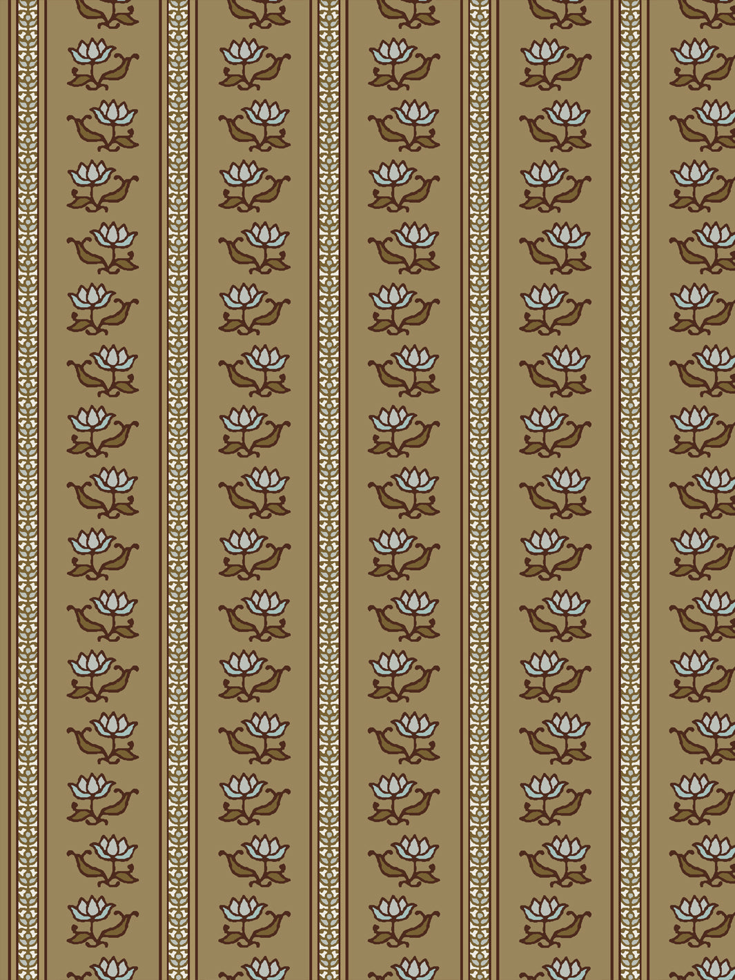Azahara wallpaper in Aged Olive: pale blue lotus stripes with dark brown leaves on a khaki-tan ground