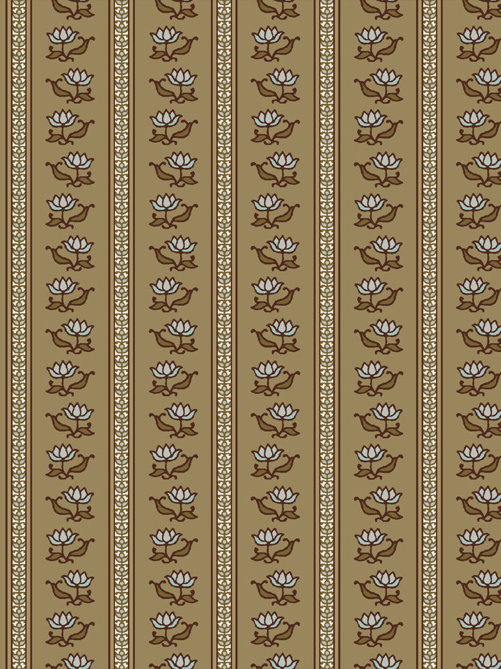 Azahara wallpaper in Aged Olive: pale blue lotus stripes with dark brown leaves on a khaki-tan ground