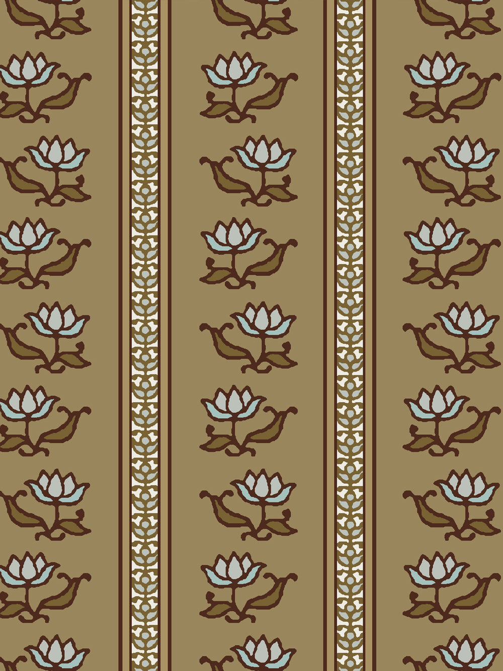 Close crop of pale blue-grey lotus stripes on warm khaki tan
