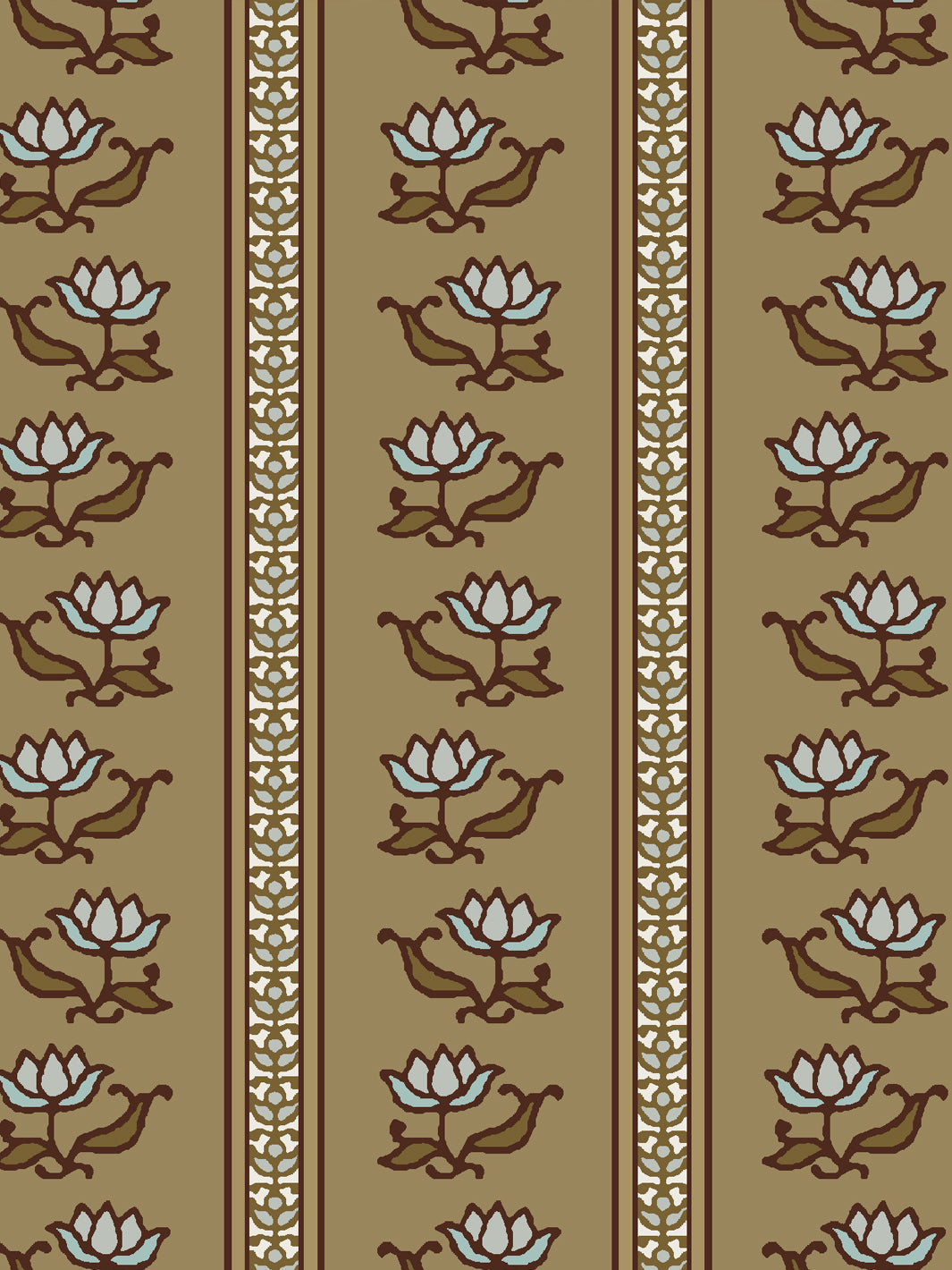 Close crop of pale blue-grey lotus stripes on warm khaki tan