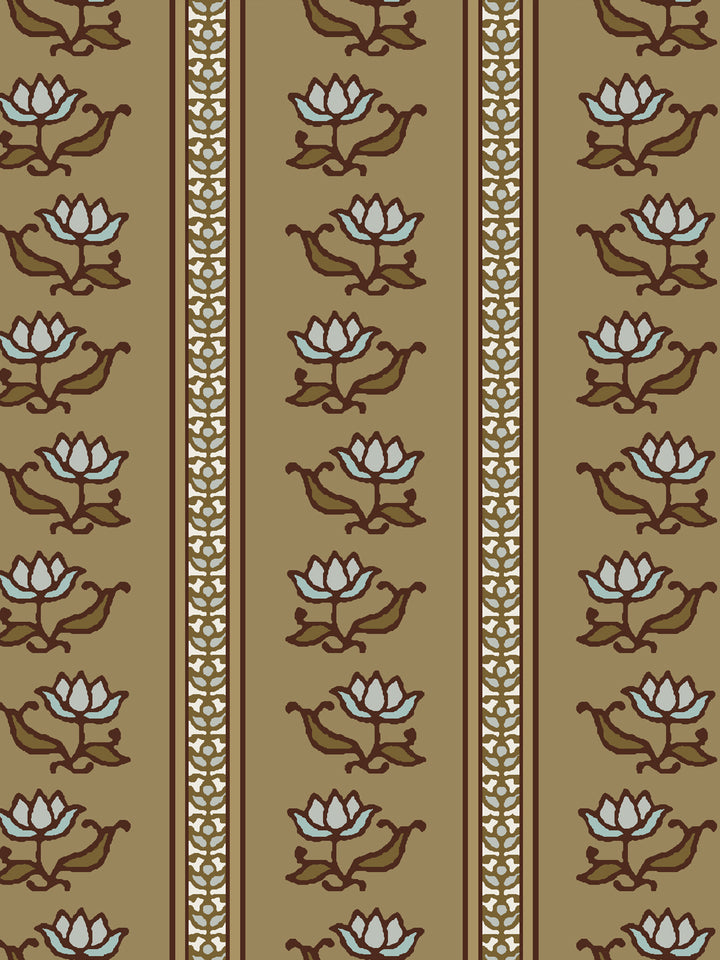 Close crop of pale blue-grey lotus stripes on warm khaki tan