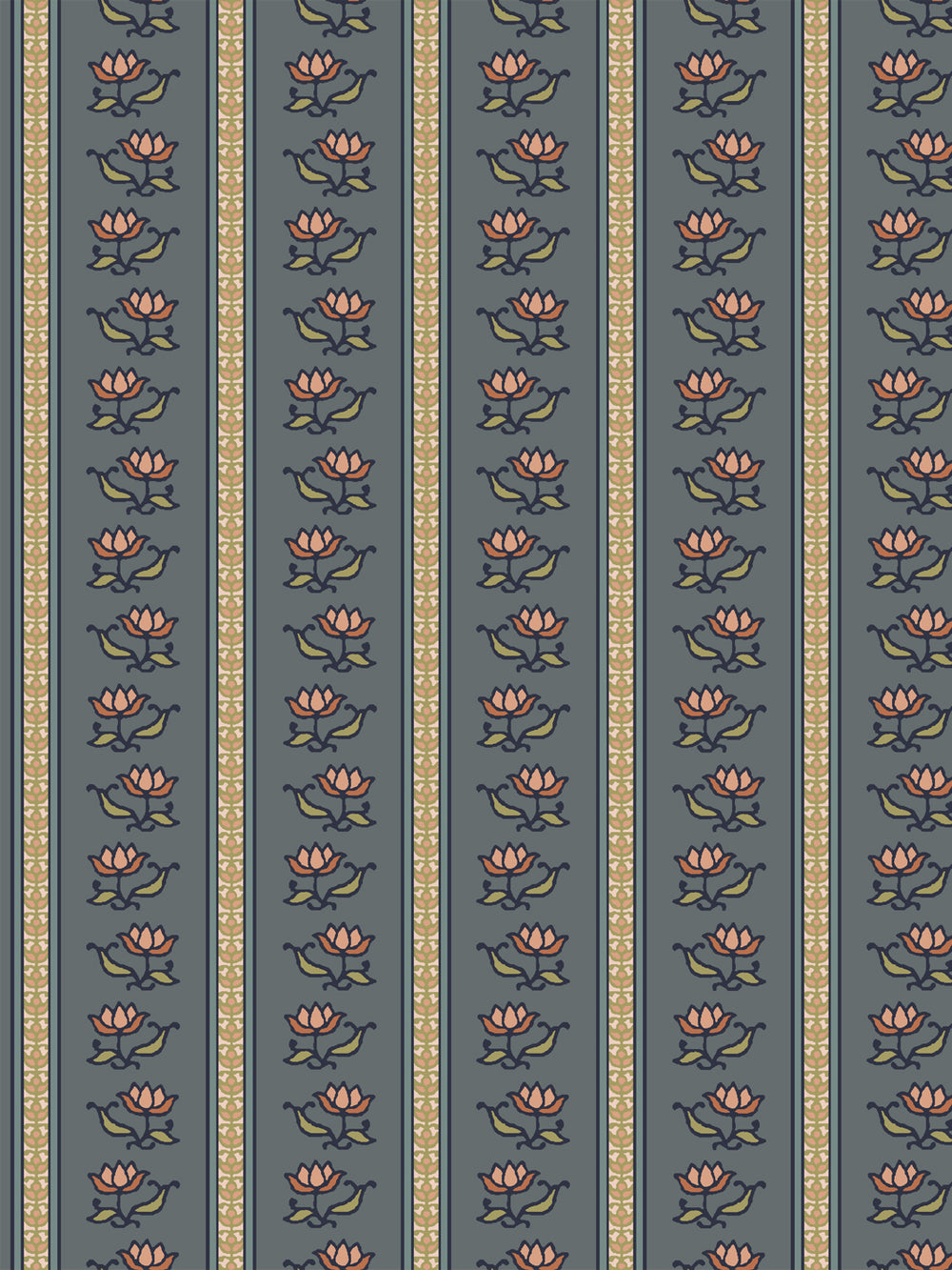 Azahara wallpaper in Antique Navy Blossom: pink lotus stripes with olive leaves on slate blue-grey
