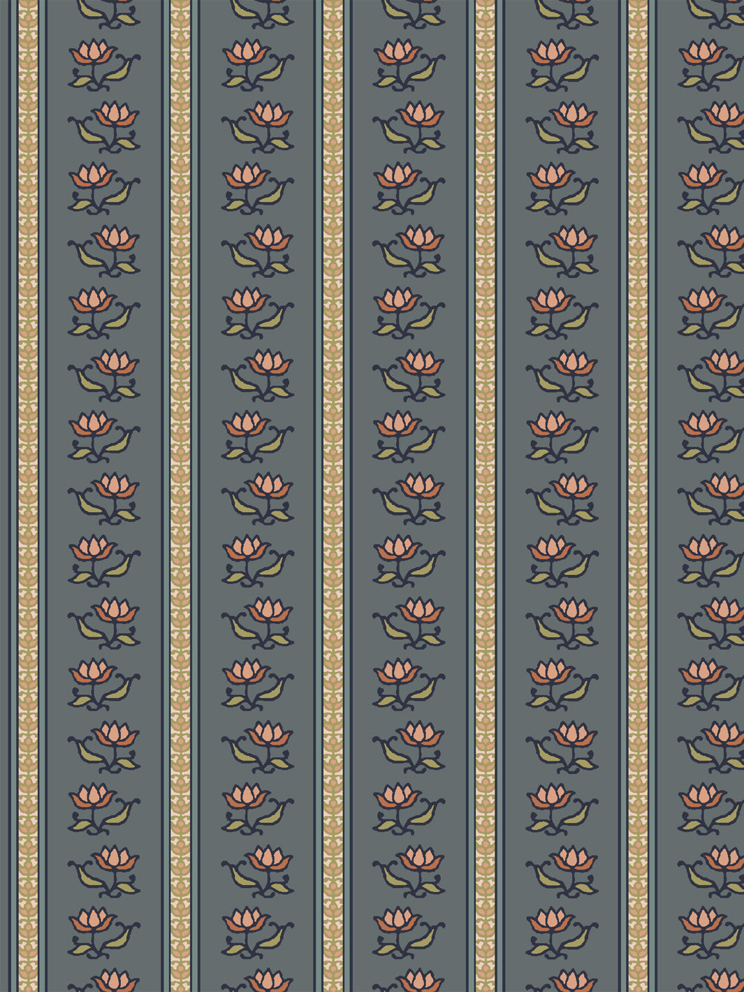 Azahara wallpaper in Antique Navy Blossom: pink lotus stripes with olive leaves on slate blue-grey