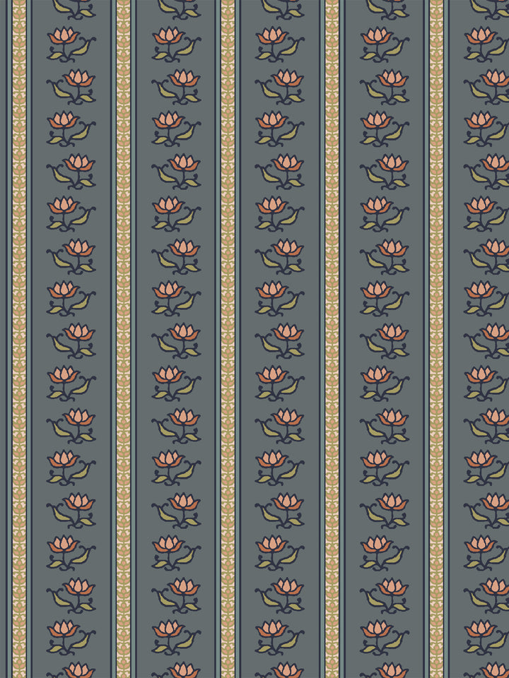 Azahara wallpaper in Antique Navy Blossom: pink lotus stripes with olive leaves on slate blue-grey
