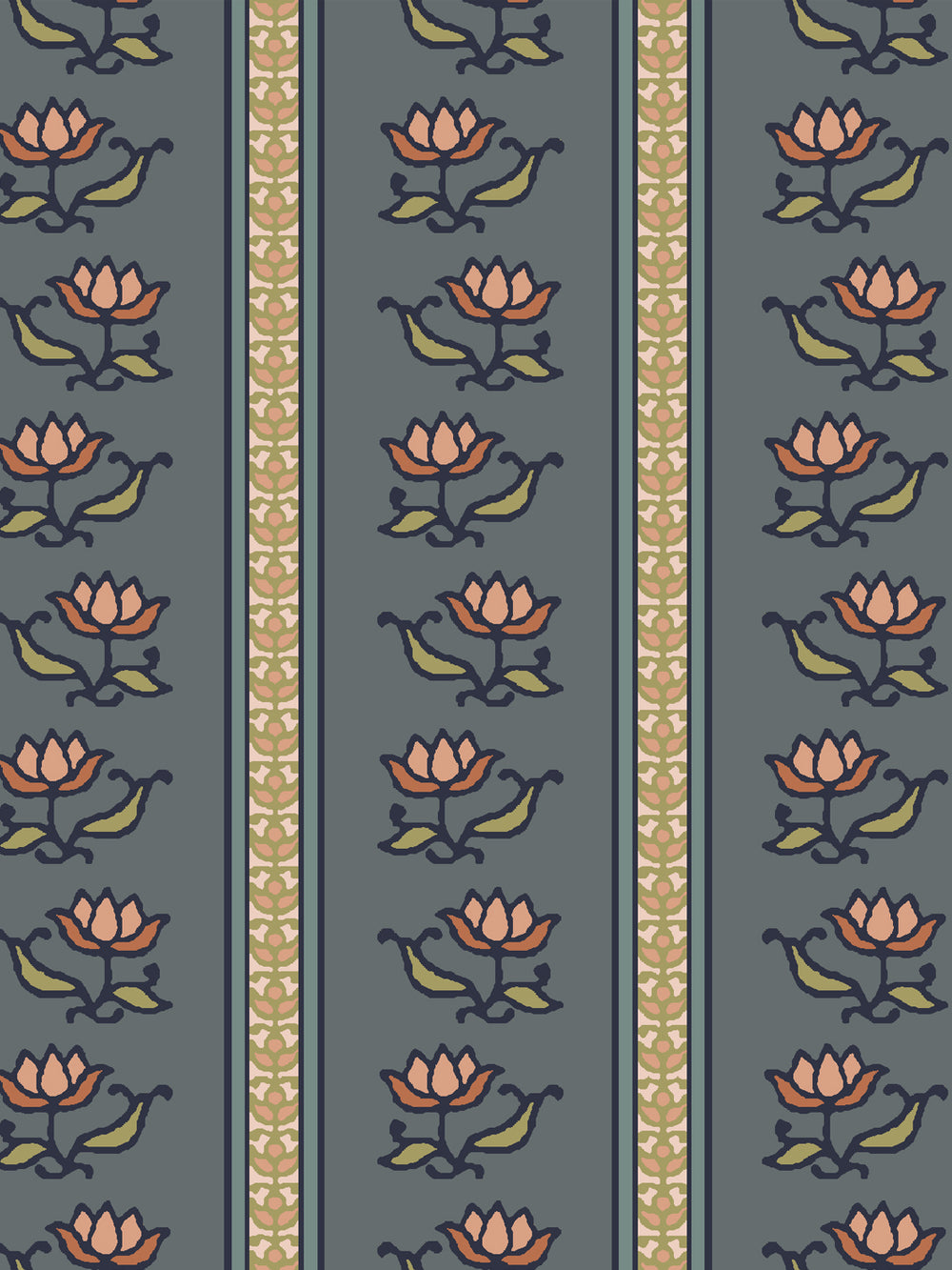 Close crop of salmon pink lotus stripes on medium slate blue-grey