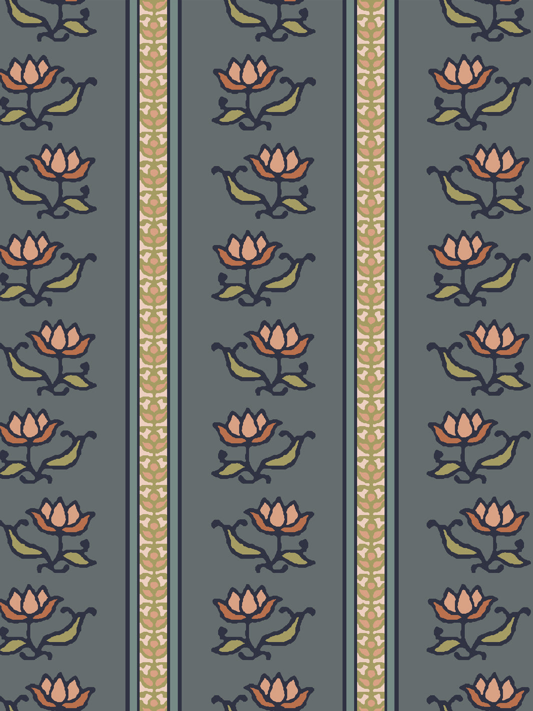 Close crop of salmon pink lotus stripes on medium slate blue-grey