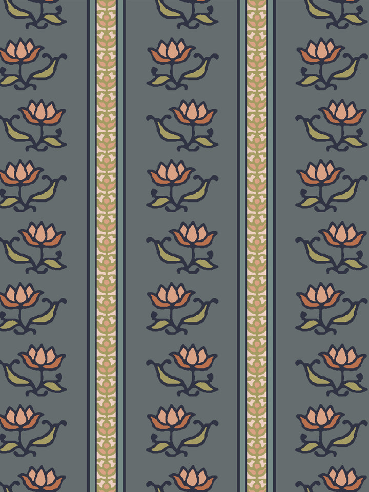 Close crop of salmon pink lotus stripes on medium slate blue-grey