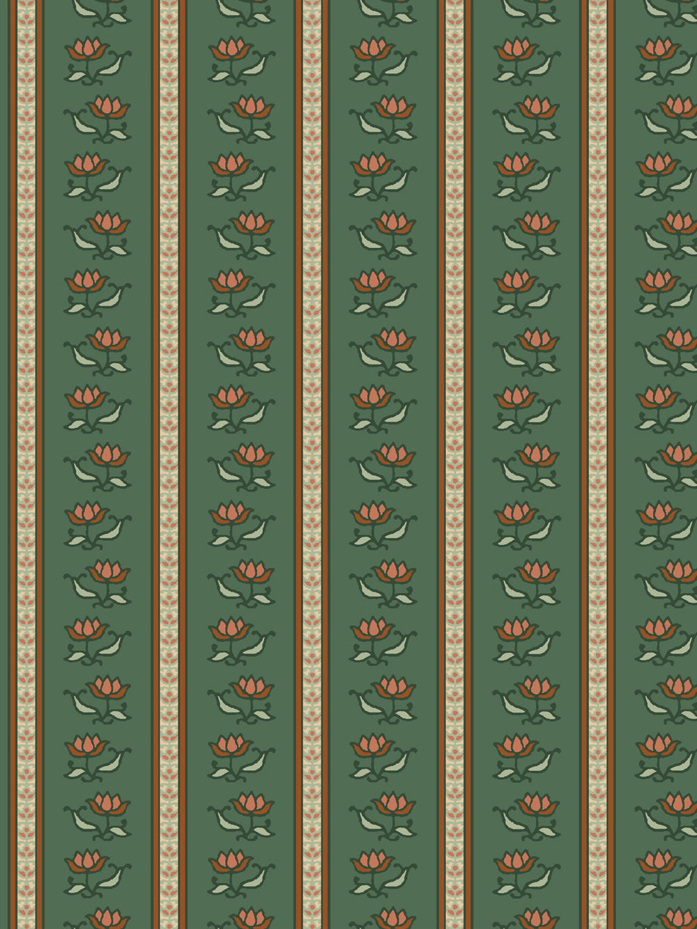 Azahara wallpaper in Buttercup Forest: coral lotus stripes with pale sage leaves on deep forest green