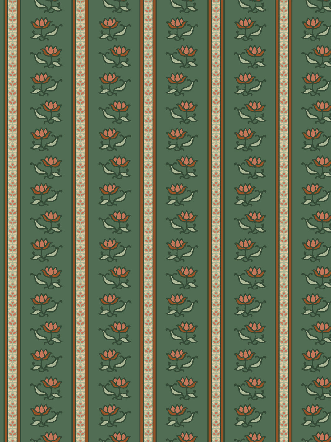 Azahara wallpaper in Buttercup Forest: coral lotus stripes with pale sage leaves on deep forest green