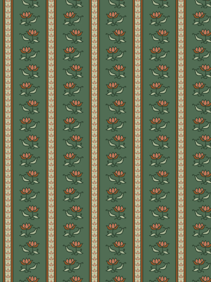 Azahara wallpaper in Buttercup Forest: coral lotus stripes with pale sage leaves on deep forest green