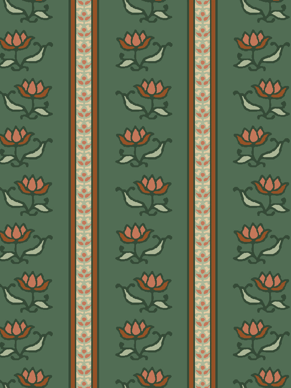Close crop of terracotta coral lotus stripes on medium forest green