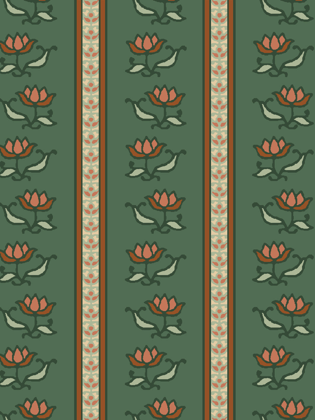 Close crop of terracotta coral lotus stripes on medium forest green