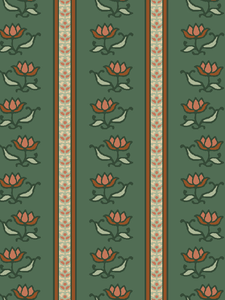 Close crop of terracotta coral lotus stripes on medium forest green