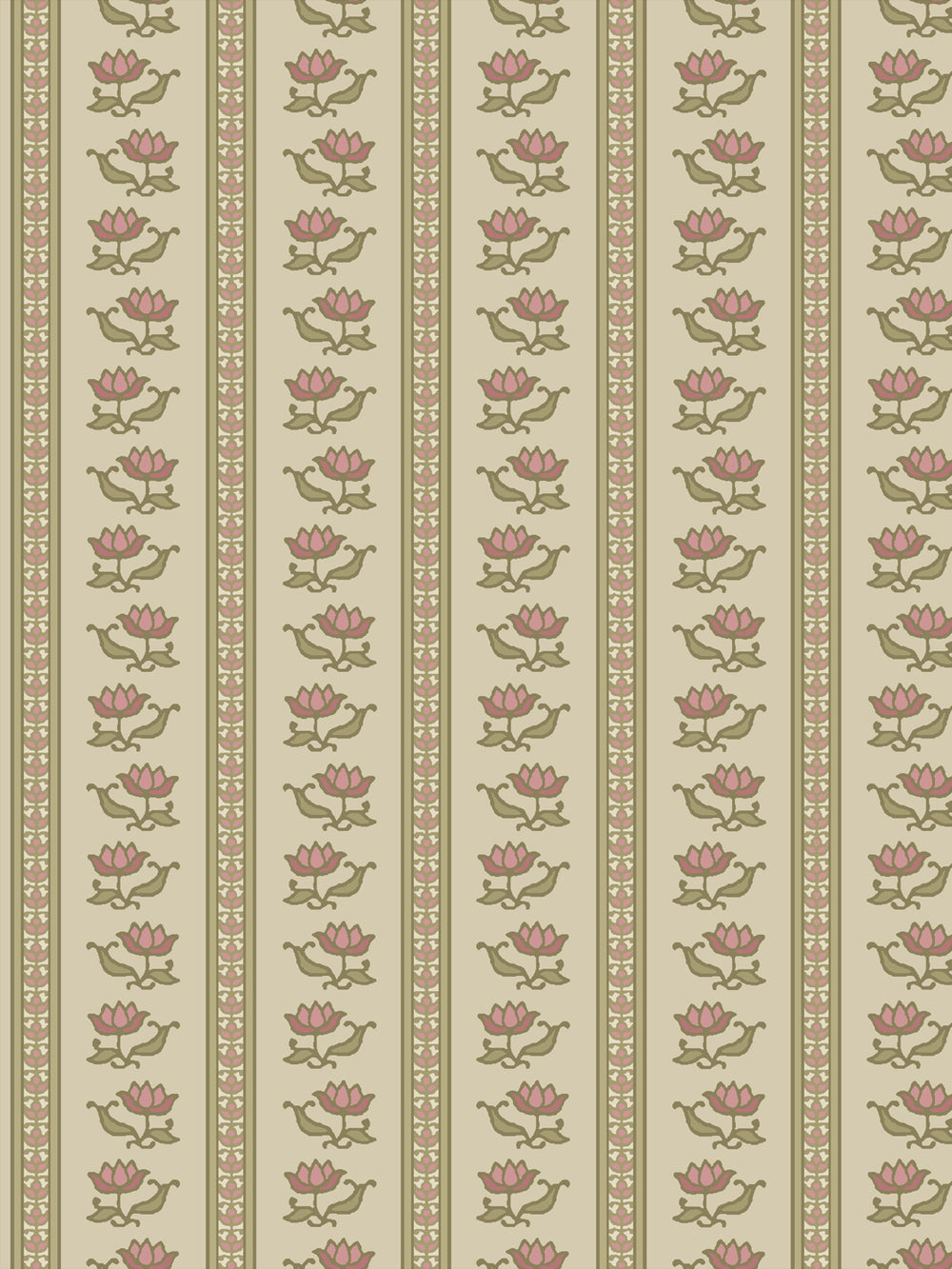 Azahara wallpaper in Country Manor Blush: rose lotus stripes with olive leaves on a pale greige ground