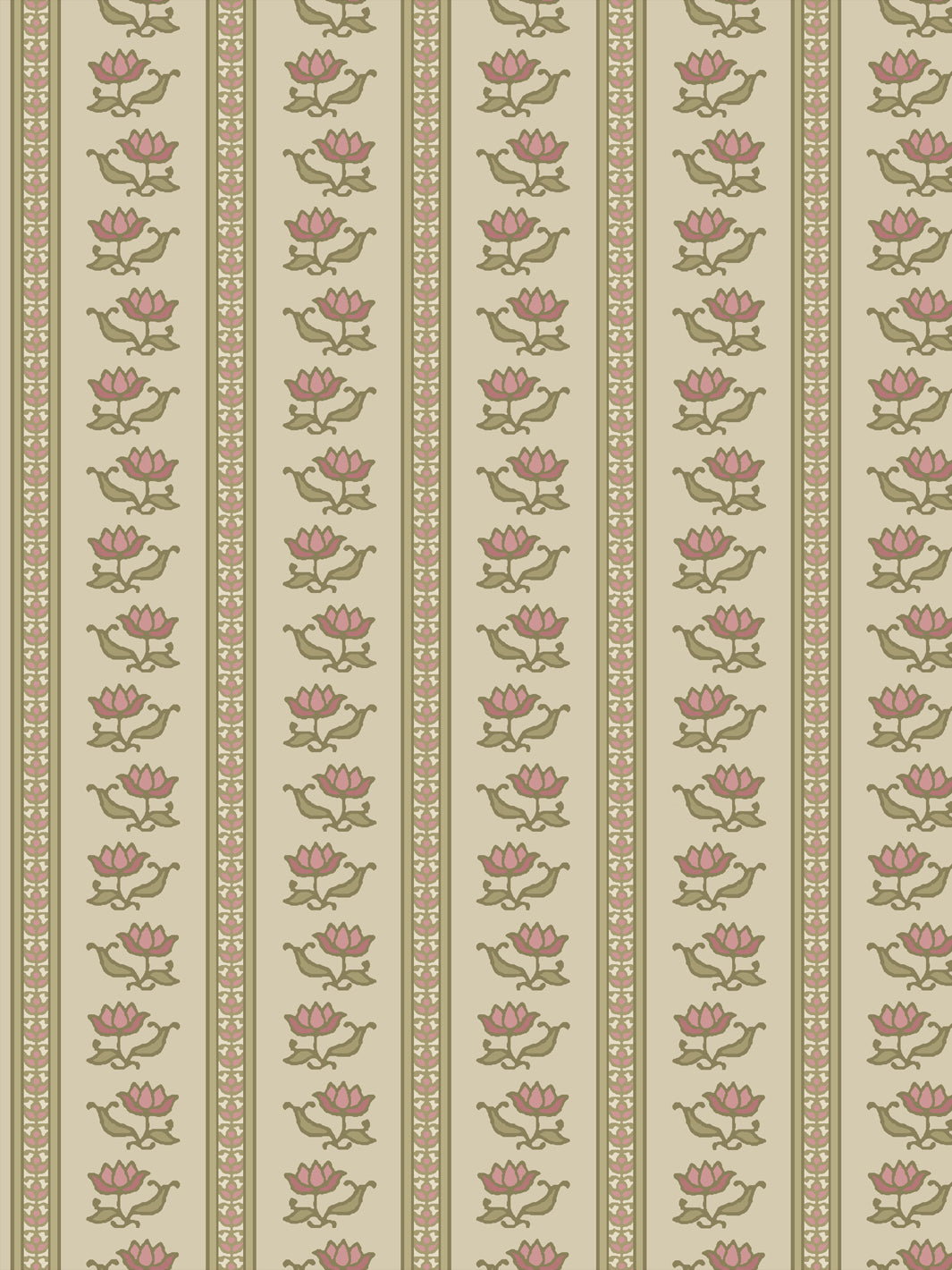 Azahara wallpaper in Country Manor Blush: rose lotus stripes with olive leaves on a pale greige ground