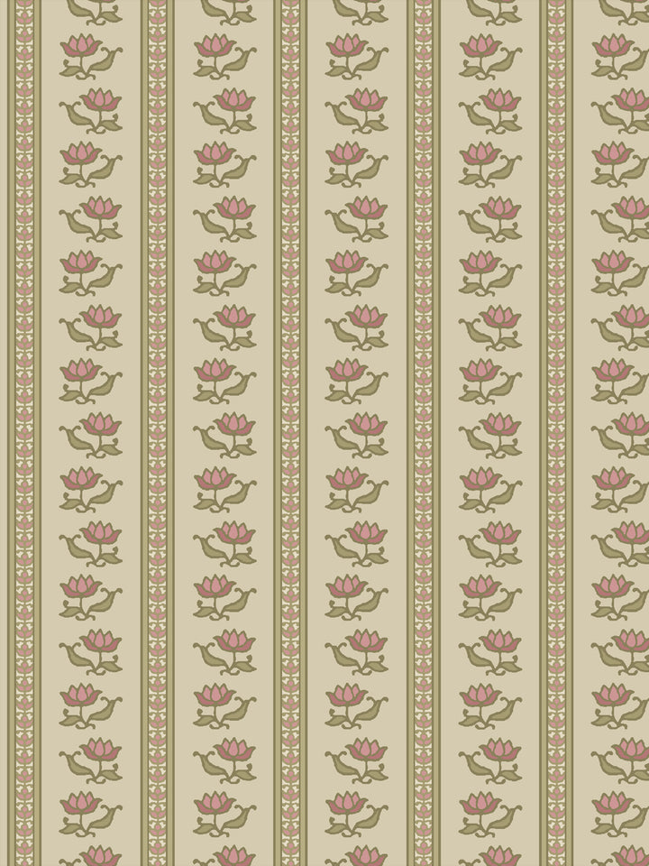 Azahara wallpaper in Country Manor Blush: rose lotus stripes with olive leaves on a pale greige ground