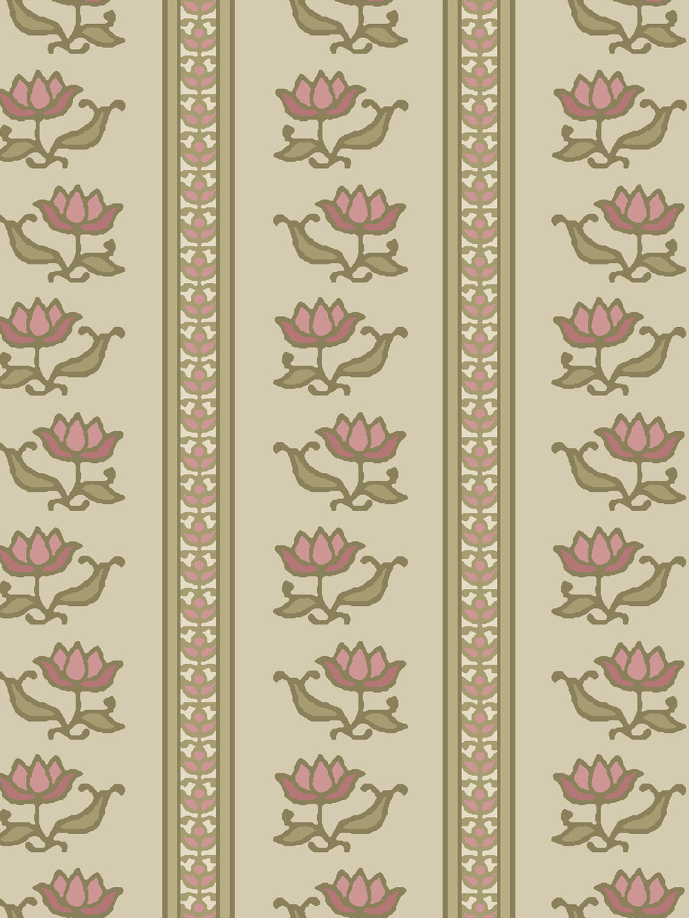 Close crop of dusty rose pink lotus stripes on pale greige