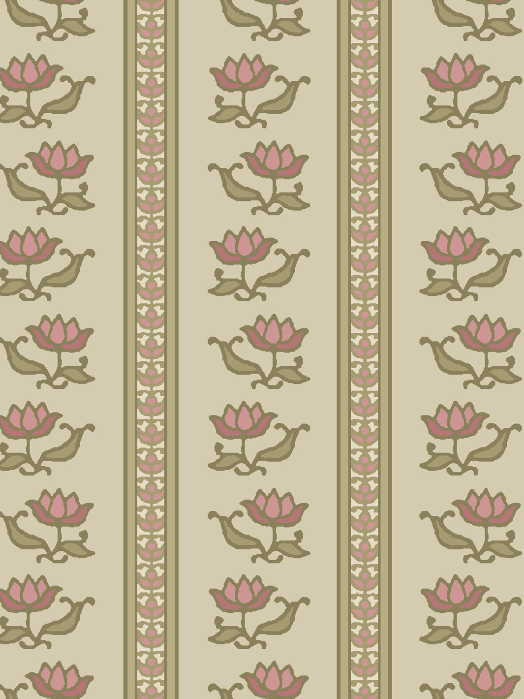 Close crop of dusty rose pink lotus stripes on pale greige